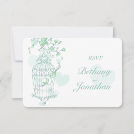 Cartão RSVP Mint Green Pássaros abertos para casamento em gaio