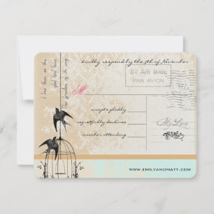 Cartão RSVP Mint Pink Rich Dourado Damask Birdcage Weddcage RS