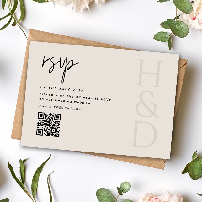 Cartão RSVP Modern Black and Ivory Monogram Minimalist Wedding (Criador carregado)