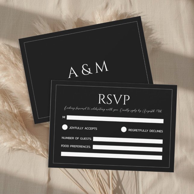 Cartão RSVP Modern black and white minimalist wedding (Criador carregado)