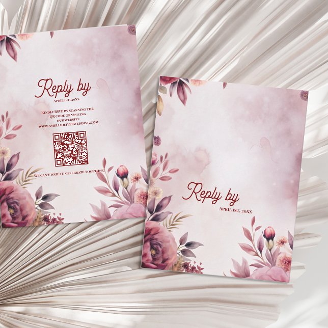 Cartão RSVP Modern Blush Pink Floral QR Code Romantic Wedding (Blush Pink Floral Wedding RSVP Card with QR Code | Modern Floral Reply Card)