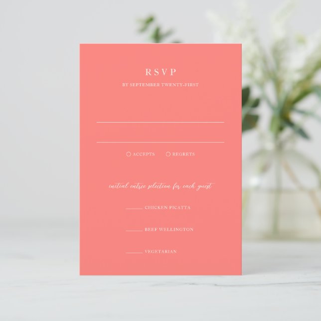 Cartão RSVP Modern Bold Vibrant Coral Simple Wedding (Em pé/Frente)