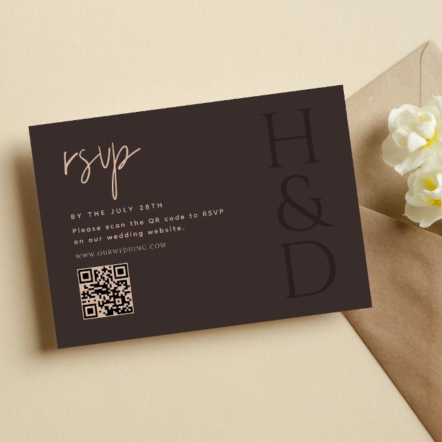Cartão RSVP Modern Brown Monogram Minimalist Wedding (Criador carregado)