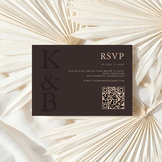 Cartão RSVP Modern Brown Monogram Minimalist Wedding (Criador carregado)