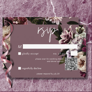 Cartão RSVP Modern Burgundy & Cream Peonies Floral Código QR