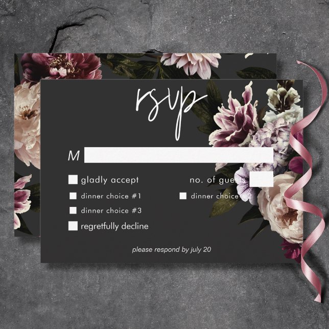 Cartão RSVP Modern Burgundy Cream Peonies Floral Janto Preto (Modern Burgundy Cream Peonies Floral Black Dinner RSVP Card)