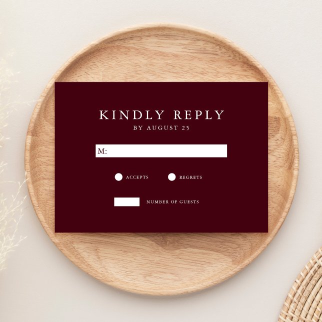 Cartão RSVP Modern Burgundy Minimalist Wedding (Criador carregado)
