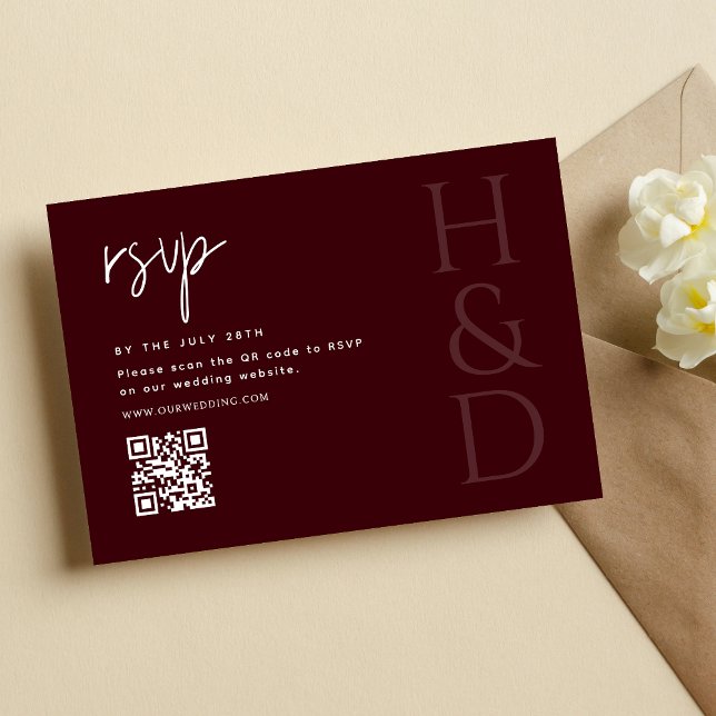 Cartão RSVP Modern Burgundy Monogram Minimalist Wedding (Criador carregado)