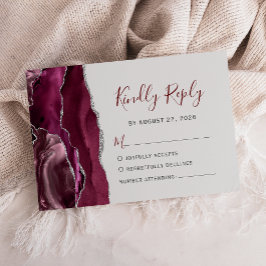 Cartão RSVP Modern Burgundy Silver Agate Pale Gray Wedding