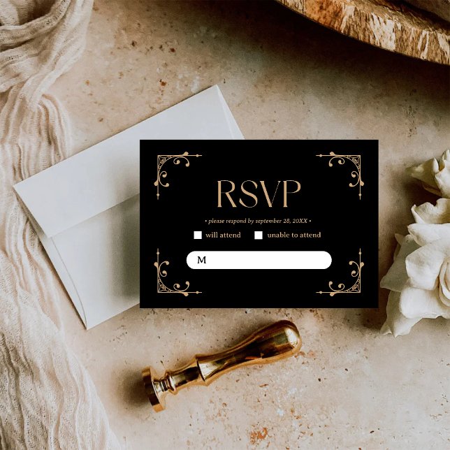 Cartão RSVP Modern Deco | Elegant Black and Gold Wedding (Criador carregado)