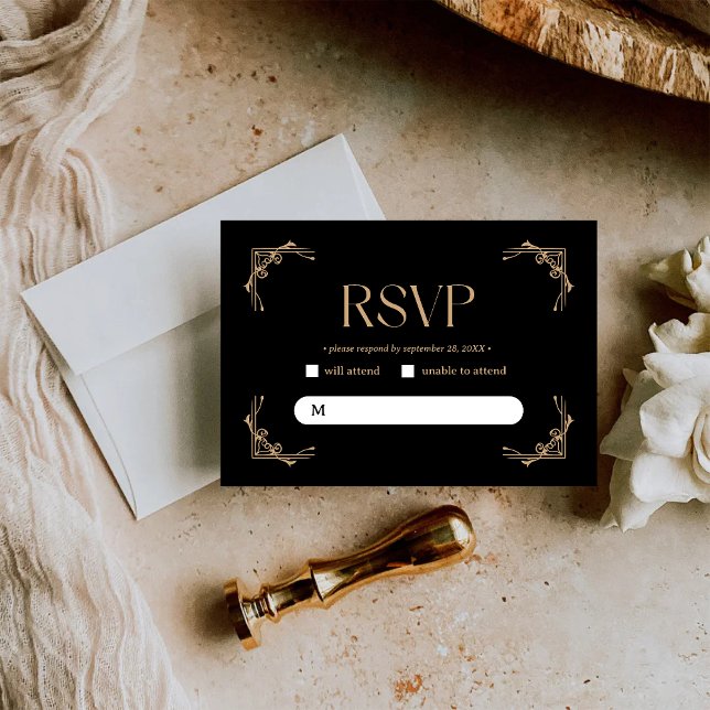 Cartão RSVP Modern Deco | Elegant Black and Gold Wedding (Criador carregado)
