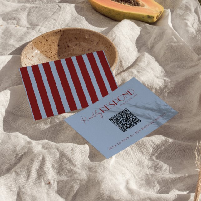 Cartão RSVP Modern Deep Red Blue QR Code Fancy Wedding (Criador carregado)