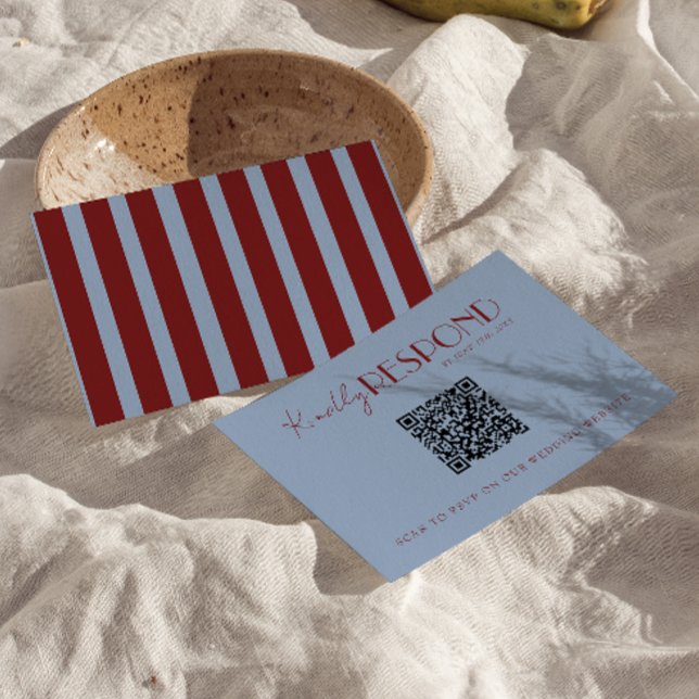 Cartão RSVP Modern Deep Red Blue QR Code Fancy Wedding (Criador carregado)