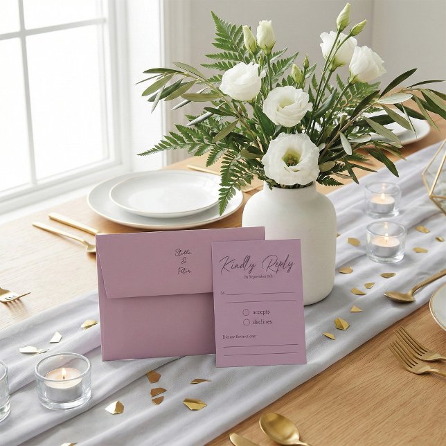 Cartão RSVP Modern Dusty Rose Script Kindly Reply Wedding (Criador carregado)