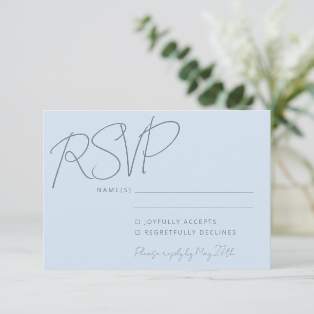 Cartão RSVP Modern Elegant Handwriting Soft Blue Wedding  (Em pé/Frente)