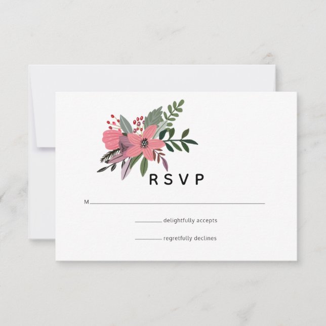 Cartão RSVP Modern Grandeur Plum e Casamento Floral Rosa (Frente)