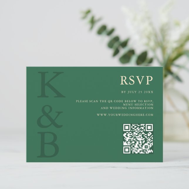 Cartão RSVP Modern Green Monogram Minimalist Wedding (Em pé/Frente)