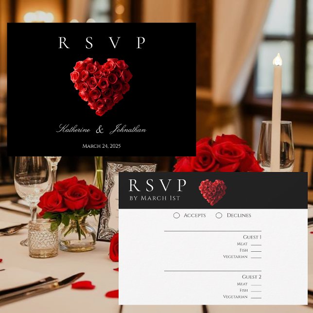 Cartão RSVP Modern Heart Shaped Red Roses-RSVP-Wedding- (Red Roses in the Shape of a Heart Wedding Collection- Black and White)
