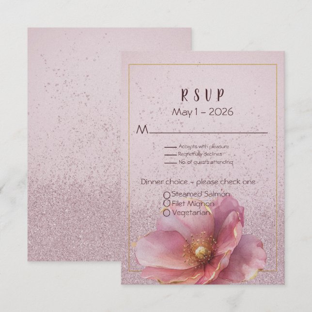 Cartão RSVP Modern Minimalist Pink Gold Wedding  (Frente/Verso)