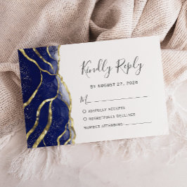 Cartão RSVP Modern Navy Blue Gold Ink Wedding