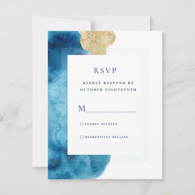 Cartão RSVP Modern Ocean Blue Watercolor Gold Response Card (Frente)