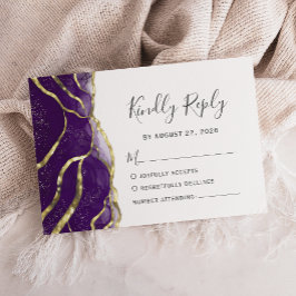 Cartão RSVP Modern Purple Gold Ink Wedding