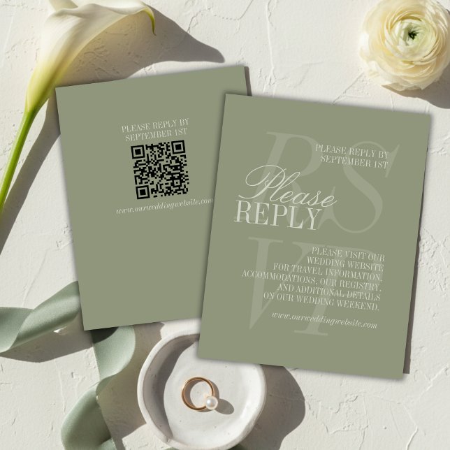 Cartão RSVP Modern Script Sage Green QR Formal Wedding  (Modern Script Sage Green QR Formal Wedding RSVP Card)