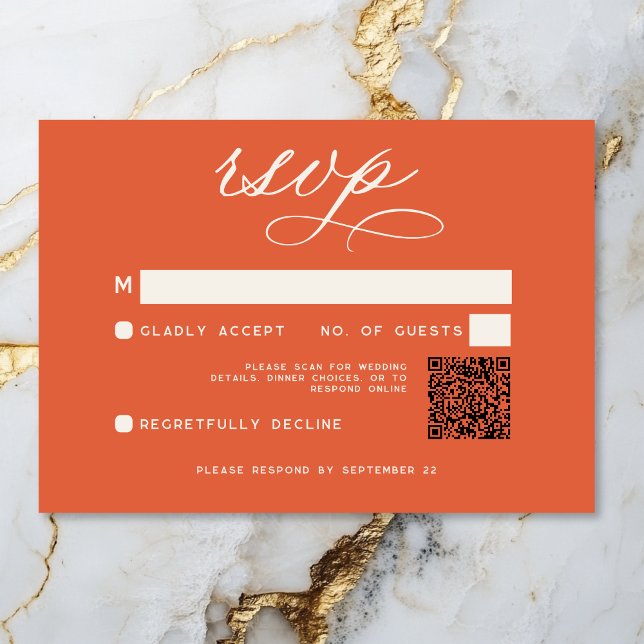 Cartão RSVP Modern Sunset Orange Script Minimamente Casamento  (Modern Sunset Orange Script Minimal QR Code RSVP Card)