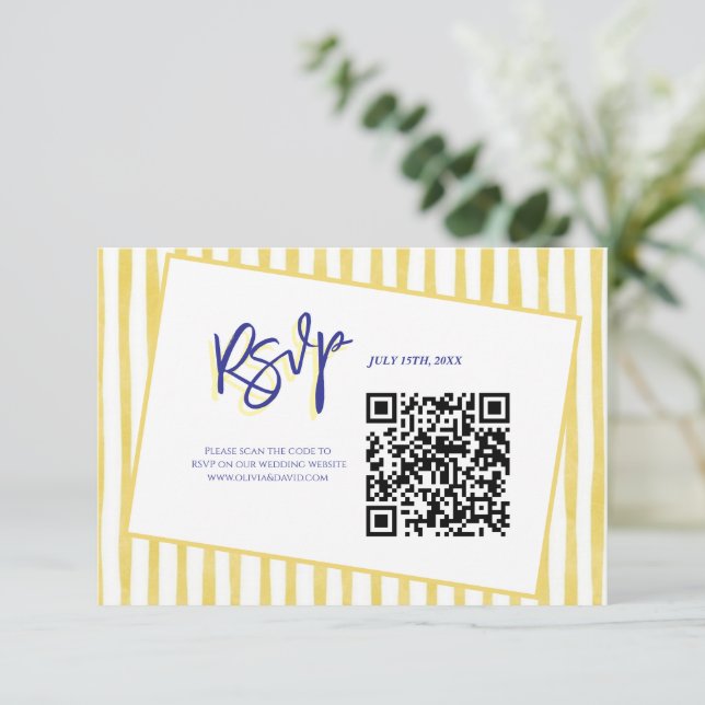 Cartão RSVP Modern Yellow Hand Written Stripe QR Code Wedding (Em pé/Frente)