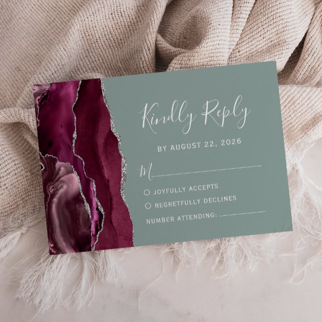 Cartão RSVP Moderno Borgonha Prata Agata Sage Casamento Verde (Criador carregado)