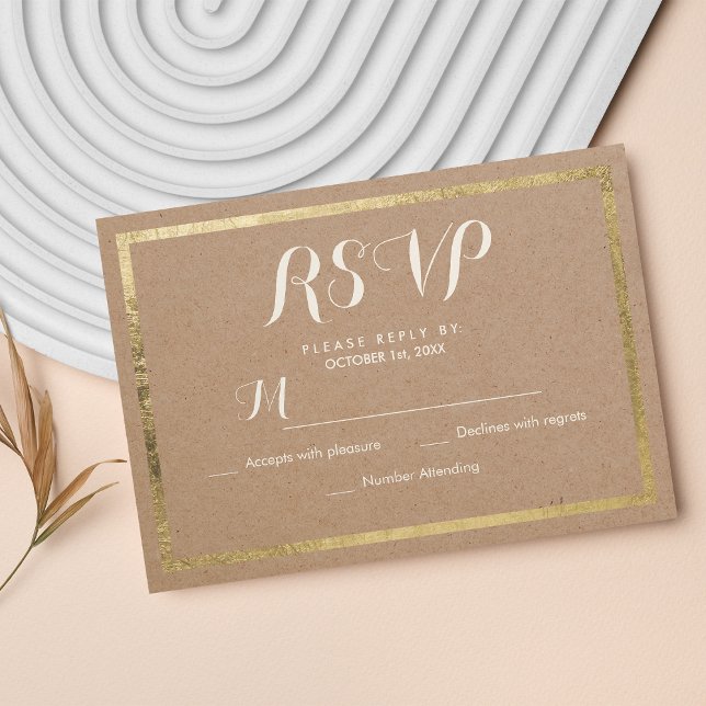 Cartão RSVP moderno de ouro azul elegante (Elegant brown paper faux gold modern RSVP Card )
