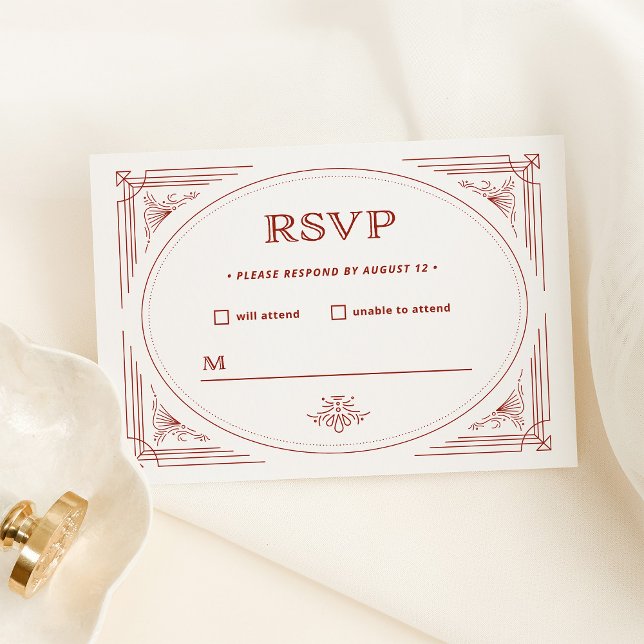 Cartão RSVP Moderno Deco | Prata Claro Branco com Casamento Ve (An elegant very light silver / white rsvp card with festive red accents for a Christmas wedding)