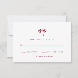 Cartão RSVP Moderno e Minimalista Script Burgundy em Branco