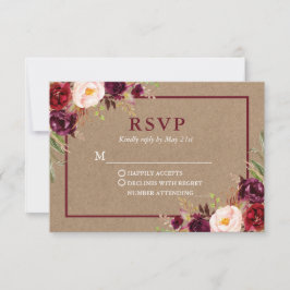 Cartão RSVP Moderno Elegante Burgundy Floral Wedding Kraft