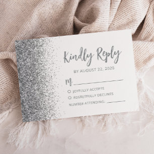 Cartão RSVP Moderno Glitter Prata Script Branco