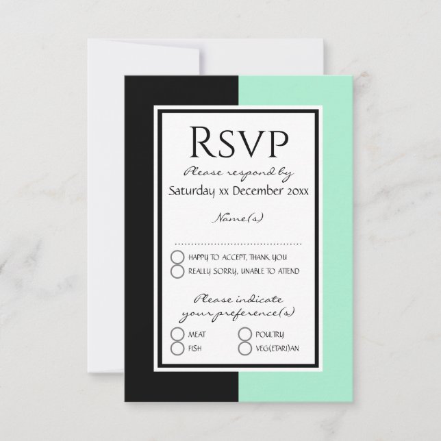 Cartão RSVP Moderno Neo Mint Black Personalization WEDDING (Frente)
