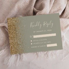 Cartão RSVP Moderno Verde Salvia Dourado Falso Brilho na Borda