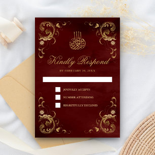 Cartão RSVP Moldura Dourada Antiga Casamento Islâmico Vermelho