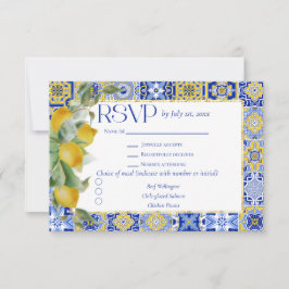 Cartão RSVP Moldura Dourada Azulejo Italiano Limão Jantar Casa