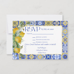 Cartão RSVP Moldura Dourada Azulejo Italiano Limão Jantar Casa