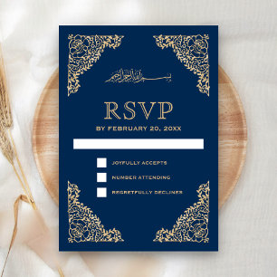 Cartão RSVP Moldura Floral Azul e Dourada Casamento Islâmico M