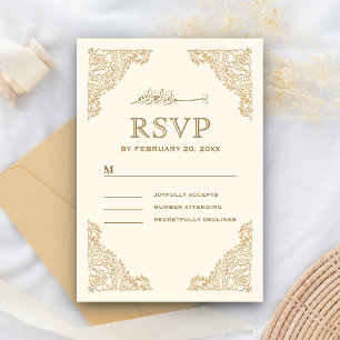 Cartão RSVP Moldura Floral Creme e Dourado Casamento Islâmico
