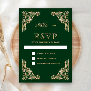 Cartão RSVP Moldura Floral Verde e Dourada Casamento Islâmico