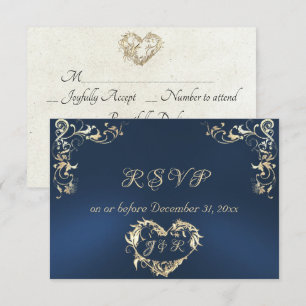 Cartão RSVP Moldura Ornamentada & Coração - Azul