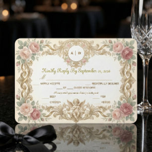 Cartão RSVP Moldura Rococó Ornamentada de Anjo Querubim Antiga