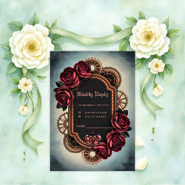Cartão RSVP Moldura Steampunk com Rosas vermelhas e engrenagen
