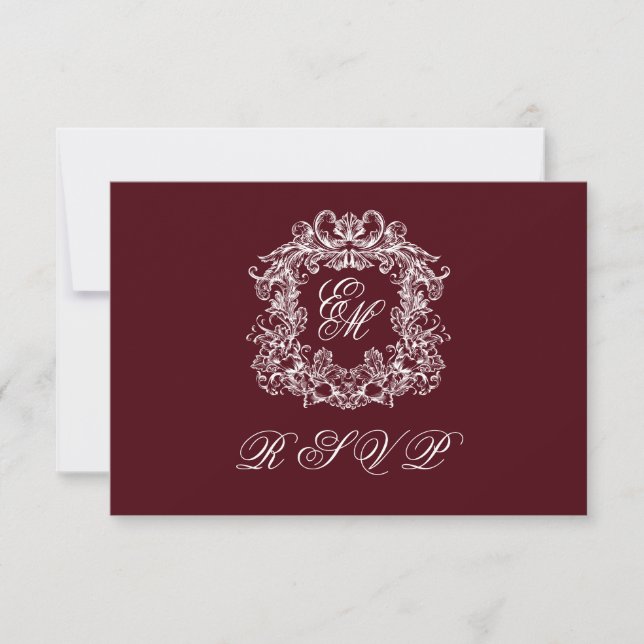 Cartão RSVP Monogram Crest Elegant Burgundy Wedding (Frente)