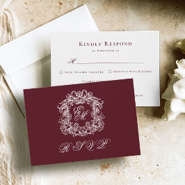 Cartão RSVP Monogram Crest Elegant Burgundy Wedding