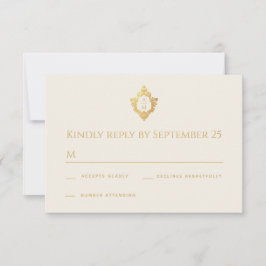 Cartão RSVP Monogram Crest Ivory Gold Elegant Vintage Wedding