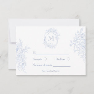 Cartão RSVP Monograma Azul Floral Inicial Casamento Toile Brid